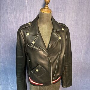 Miu Miu Black Leather Moto Jacket with brown and White Trim